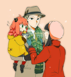 Rule 34 | 1boy, 2girls, :i, ^ ^, adjusting scarf, anya (spy x family), aqua gloves, black hair, blonde hair, blush, brown coat, brown headwear, carrying, child, child carry, closed eyes, coat, dressing another, eating, family, food, gloves, green eyes, green scarf, hairpods, happy, hat, holding, holding food, koniwa, long sleeves, looking at another, multiple girls, pantyhose, pink headwear, profile, red coat, red hair, red legwear, red scarf, scarf, sidelocks, simple background, snowing, spy x family, stream, striped clothes, striped scarf, twilight (spy x family), upper body, winter clothes, yellow coat, yor briar