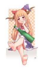 Rule 34 | 1girl, absurdres, arm support, artist name, barefoot, blonde hair, blue skirt, blunt bangs, blush, bottle, bow, bowtie, commentary, crossed legs, fang, feet, hair bow, hand on own chin, highres, horn bow, horn ornament, horns, ibuki suika, long hair, looking at viewer, lykesya, red bow, red bowtie, shirt, sitting, skirt, sleeveless, sleeveless shirt, smile, solo, symbol-only commentary, touhou, variant set, white shirt, wine bottle