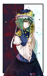 Rule 34 | 1girl, aili (aliceandoz), arm garter, black border, black skirt, blue hat, blue vest, border, buttons, epaulettes, frilled hat, frills, green eyes, green hair, hat, hat ribbon, highres, juliet sleeves, long sleeves, looking at viewer, multicolored background, outside border, parted lips, puffy sleeves, red background, red ribbon, ribbon, ribbon-trimmed skirt, ribbon-trimmed sleeves, ribbon trim, rod of remorse, shiki eiki, skirt, solo, touhou, upper body, vest, white background, white ribbon, wide sleeves