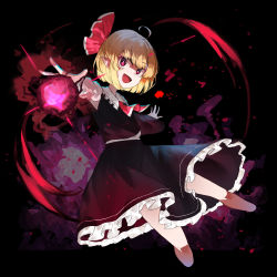 Rule 34 | 1girl, 38 (sanjuuhachi), absurdres, ahoge, black background, black skirt, black vest, blonde hair, bow, commentary, cropped legs, fang, feet out of frame, hair bow, highres, long sleeves, magic, open mouth, outstretched arms, petticoat, pointy ears, red bow, red eyes, rumia, short hair, skirt, smile, solo, touhou, vest