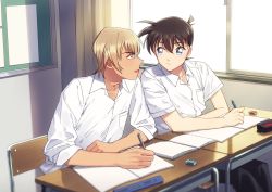 Rule 34 | 2boys, :d, alternate universe, amuro tooru, black pants, blonde hair, blue eyes, blurry, blush, brown hair, buttons, chair, classroom, closed mouth, collared shirt, commentary request, curtains, depth of field, desk, dress shirt, eraser, eye contact, hair between eyes, holding, holding pencil, indoors, k (gear labo), kudou shin&#039;ichi, looking at another, male focus, mechanical pencil, meitantei conan, multiple boys, notebook, on chair, open mouth, pants, pencil, school chair, school desk, school uniform, shirt, short hair, short sleeves, sitting, sleeves rolled up, smile, time paradox, white shirt, window