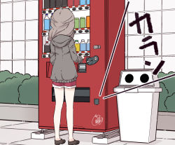 Rule 34 | 1girl, beni shake, black footwear, black hoodie, bottle, brown hair, bush, can, commentary request, day, facing away, highres, hood, hood down, hoodie, loafers, long hair, long sleeves, original, outdoors, red shorts, shoes, short shorts, shorts, solo, trash can, vending machine