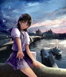 Rule 34 | 1girl, :d, black hair, boat, bow, building, chef no kimagure salad, city, cloud, dusk, hair bow, highres, lavender bow, long hair, looking at viewer, mountain, open mouth, original, outstretched arm, pleated skirt, river, sailor collar, school uniform, skirt, sky, smile, solo, watercraft, wind, yellow eyes