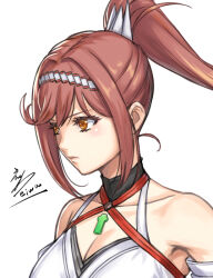 Rule 34 | 1girl, artist name, bare shoulders, black choker, breasts, chest jewel, choker, cleavage, collarbone, eiwa, eyelashes, glimmer (xenoblade), hair intakes, hairband, high ponytail, japanese clothes, kimono, large breasts, long hair, orange eyes, parted lips, pink hair, ponytail, red hairband, ringed eyes, signature, simple background, solo, swept bangs, two-tone hairband, upper body, white background, white hairband, white kimono, xenoblade chronicles (series), xenoblade chronicles 3, xenoblade chronicles 3: future redeemed