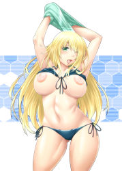 Rule 34 | 10s, 1girl, armpits, arms up, atago (kancolle), ayato, bad id, bad pixiv id, bikini, bikini top lift, blonde hair, blush, breasts, breasts out, cleavage, clothes lift, colored eyelashes, contrapposto, cowboy shot, curvy, female focus, front-tie bikini top, front-tie top, green eyes, groin, highres, hip focus, honeycomb (pattern), honeycomb background, honeycomb pattern, inverted nipples, kantai collection, large breasts, long hair, looking at viewer, lowleg, lowleg bikini, navel, nipples, one eye closed, open mouth, personification, puffy nipples, side-tie bikini bottom, smile, solo, standing, string bikini, striped, striped background, swimsuit, thighs, undressing, very long hair, wardrobe malfunction, wide hips