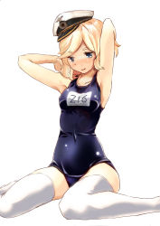 Rule 34 | 1girl, absurdres, armpits, arms behind head, arms up, blonde hair, blue eyes, blue one-piece swimsuit, blush, breasts, closed mouth, covered navel, facing viewer, full body, hat, highres, hip focus, light smile, long hair, looking at viewer, medium breasts, military hat, name tag, nose blush, old school swimsuit, one-piece swimsuit, peaked cap, school swimsuit, short eyebrows, short hair, simple background, sitting, sketch, smile, solo, swept bangs, swimsuit, thighhighs, thighs, wariza, warship girls r, white background, white hat, white thighhighs, z16 friedrich eckoldt (warship girls r), zhanjian xiaoxuesheng