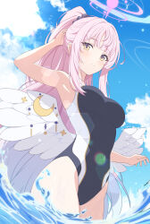 Rule 34 | 1girl, angel wings, black one-piece swimsuit, blue archive, blue sky, breasts, cloud, commentary request, competition swimsuit, day, feathered wings, halo, highres, long hair, low wings, medium breasts, mika (blue archive), one-piece swimsuit, outdoors, pink hair, pink halo, ponytail, rin ateria, sky, solo, split mouth, swimsuit, two-tone swimsuit, very long hair, white wings, wing ornament, wings, yellow eyes