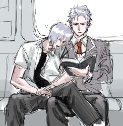 Rule 34 | 2boys, book, brothers, closed eyes, closed mouth, dante (devil may cry), devil may cry (series), hair slicked back, head on another&#039;s shoulder, head rest, highres, holding, holding book, leaning on person, leaning to the side, male focus, multiple boys, necktie, reading, red necktie, sang lyj, school uniform, shirt, siblings, sitting, sleeping, sleeping on person, train interior, train station, twins, vergil (devil may cry)