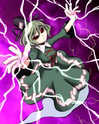 Rule 34 | 1girl, absurdres, ayana mizuki, black hat, black sclera, closed mouth, colored sclera, commentary request, cross-laced clothes, dress, ghost tail, green dress, green hair, hat, highres, lightning, long sleeves, looking at viewer, ofuda, ofuda on clothes, purple background, red eyes, short hair, soga no tojiko, solo, tate eboshi, touhou