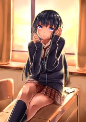 Rule 34 | 1girl, bad id, bad pixiv id, black cardigan, black hair, black socks, blue eyes, blush, buttons, cardigan, chair, checkered clothes, checkered skirt, collared shirt, curtains, desk, digital media player, expressionless, head tilt, headphones, ipod, ipod touch, kneehighs, long sleeves, looking at viewer, necktie, nosa, original, red necktie, red skirt, school, school desk, school uniform, shirt, short hair, sitting, skirt, socks, solo, sunset, white shirt, window, windowsill