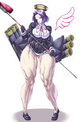 Rule 34 | 1girl, breasts, extreme muscles, female focus, highres, muscular, purukogi (plasma beach), red eyes, thick thighs, thighs, weapon