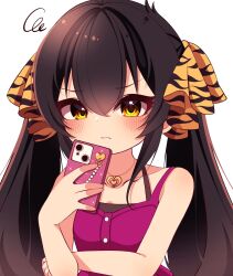 Rule 34 | 1girl, animal print, black hair, blush, buttons, cellphone, collarbone, commentary, eyelashes, flat chest, hair between eyes, hair ribbon, hand up, heart, heart necklace, highres, holding, holding phone, idolmaster, idolmaster cinderella girls, jewelry, long hair, looking at viewer, maju risa, matoba risa, necklace, phone, pink shirt, ribbon, shirt, sidelocks, smartphone, solo, squiggle, tank top, tiger print, twintails, upper body, v-shaped eyebrows, white background, yellow ribbon