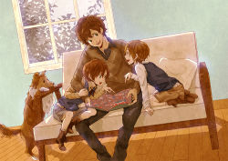 Rule 34 | 3boys, ahoge, axis powers hetalia, black shirt, blouse, boots, brothers, child, collared shirt, couch, cross-laced footwear, dog, dutch angle, hakase123, head tilt, indoors, lace-up boots, leaning on person, male focus, multiple boys, northern italy (hetalia), shirt, siblings, sitting, socks, southern italy (hetalia), spain (hetalia), where&#039;s wally, white legwear, white shirt, wooden floor, yellow shirt