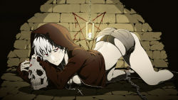 Rule 34 | 1girl, arizuka (catacombe), ass, black panties, breasts, candle, chained, chain, cleavage, cross, cross necklace, highres, hood, hoodie, jewelry, looking at viewer, lying, necklace, on stomach, original, panties, pentagram, red eyes, short hair, short shorts, shorts, silver hair, skull, solo, underwear, whale tail (clothing), witch