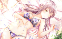 Rule 34 | 1girl, :|, bang dream!, bow, bra, breasts, clenched hand, closed mouth, collarbone, commentary request, dated, floral print, grey hair, groin, hand on own stomach, hand up, highres, long hair, lying, masa (mirage77), minato yukina, navel, on back, panties, petals, print bra, print panties, purple bow, signature, small breasts, solo, stomach, underwear, underwear only, yellow eyes