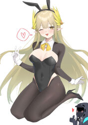 Rule 34 | 1girl, 1other, ;d, absurdres, animal ears, arknights, black footwear, black gloves, black leotard, black thighhighs, blonde hair, blush, bow, bowtie, breasts, collar, covered navel, detached sleeves, doctor, dxao, fake animal ears, gloves, heart, high heels, highres, laurels, leotard, long hair, looking at viewer, medium breasts, meme attire, mole, mole under eye, muelsyse (arknights), one eye closed, open mouth, pointy ears, reverse bunnysuit, reverse outfit, seiza, simple background, sitting, smile, solo focus, spoken heart, thighhighs, v, very long hair, white background, white collar, white gloves, yellow bow, yellow bowtie, yellow eyes