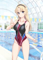 Rule 34 | 1girl, absurdres, ahoge, black hairband, blonde hair, blue eyes, breasts, collarbone, commentary request, competition swimsuit, covered navel, feet out of frame, hairband, highleg, highleg swimsuit, highres, indoors, kohagura ellen, lane line, long hair, medium breasts, multicolored clothes, multicolored swimsuit, one-piece swimsuit, pool, pool ladder, purple one-piece swimsuit, solo, standing, string of flags, swimsuit, takafumi, toji no miko, v, variant set