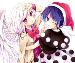 Rule 34 | 2girls, blue eyes, blue hair, blush, bow, bowtie, capelet, chikuwa savy, doremy sweet, dress, hat, jacket, kishin sagume, long sleeves, looking at viewer, multiple girls, nightcap, one eye closed, open mouth, pom pom (clothes), red eyes, short hair, short sleeves, silver hair, simple background, single wing, smile, touhou, upper body, v, white background, wings