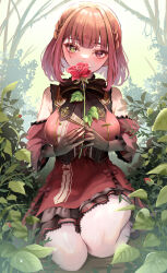 Rule 34 | 1girl, absurdres, black footwear, black gloves, blush, breasts, cleavage, covering own mouth, curvy, day, dress, flower, gloves, gothic lolita, heterochromia, highres, hinoki kahun0, holding, holding flower, hololive, houshou marine, houshou marine (gothic lolita), kneeling, lace, lace-trimmed dress, lace trim, large breasts, leaf, lolita fashion, looking at viewer, outdoors, pantyhose, red dress, red flower, red hair, red rose, ribbon, rose, see-through, see-through cleavage, shoes, short hair, solo, thick thighs, thighs, virtual youtuber, white pantyhose