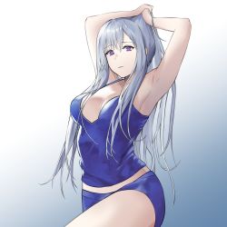 Rule 34 | 1girl, ak-12 (girls&#039; frontline), breasts, defy (girls&#039; frontline), girls&#039; frontline, hand in own hair, hand up, highres, long hair, looking at viewer, purple eyes, shorts, silver hair, simple background, solo, sportswear, talnory, white background