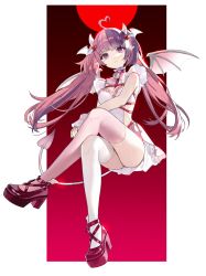 Rule 34 | 1girl, :&lt;, ahoge, ass, asymmetrical legwear, bell, breasts, cleavage, crossed legs, demon girl, demon horns, demon tail, demon wings, dress, full body, hair ornament, heart, heart ahoge, heart hair ornament, highres, horns, invisible chair, ironmouse, ironmouse (demon form), looking at viewer, medium breasts, miebao, mismatched legwear, multicolored hair, neck bell, pink hair, pink thighhighs, platform footwear, platform heels, pointy ears, purple eyes, purple hair, red background, red footwear, scrunchie, sitting, solo, streaked hair, tail, thighhighs, twintails, virtual youtuber, vshojo, white background, white dress, white horns, white thighhighs, wing hair ornament, wings, wrist scrunchie