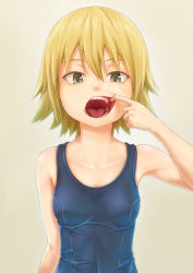 Rule 34 | 00s, 1girl, aihara kazumi, arm at side, bare arms, beige background, blonde hair, breasts, collarbone, finger in own mouth, hair between eyes, highres, ju go (toamariitutu), kyou no go no ni, looking at viewer, mouth pull, no uvula, one-piece swimsuit, open mouth, oral invitation, saliva, school swimsuit, school uniform, short hair, skin tight, small breasts, solo, swimsuit, teeth, tongue, upper body