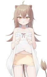 Rule 34 | 1girl, :p, ahoge, animal ears, bare arms, bare shoulders, briefs, brown hair, clothes lift, cowboy shot, dress, dress lift, halter dress, halterneck, highres, indie virtual youtuber, lifted by self, lion ears, lion girl, lion tail, long hair, looking at viewer, male underwear, rurudo lion, rurudo lion (1st costume), sleeveless, sleeveless dress, solo, spiked hair, sundress, sweat, syhan, tail, tongue, tongue out, underwear, virtual youtuber, white dress, yellow eyes