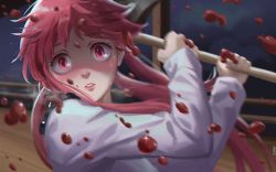 Rule 34 | 1girl, axe, blood, blood splatter, blush, bow, derivative work, fighting stance, frde, gasai yuno, hair bow, holding, holding weapon, long hair, looking at viewer, mirai nikki, pink eyes, pink hair, school uniform, solo, sweat, twintails, weapon, yandere