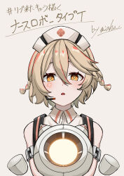 Rule 34 | 1girl, absurdres, bare shoulders, blonde hair, braid, character name, d:, double-parted bangs, hair between eyes, hat, headset, highres, looking at viewer, nurse, nurse cap, nurse robot type t, open mouth, orange eyes, short hair, simple background, sleeveless, solo, straight-on, utau, white background, white hat, zingukami