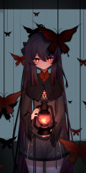 Rule 34 | absurdres, black nails, blush, brown hair, bug, butterfly, chinese clothes, coat, flat chest, genshin impact, gradient hair, highres, holding lamp, hu tao (genshin impact), insect, lamp, long hair, multicolored hair, nail polish, qixia, red eyes, simple background, smile, star-shaped pupils, star (symbol), symbol-shaped pupils, twintails
