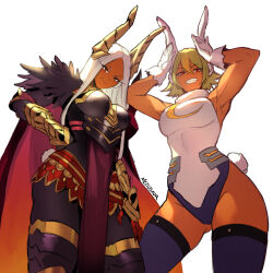Rule 34 | 2girls, :d, alternate costume, animal ears, armor, armored boots, armpits, arms up, artist name, bare shoulders, black armor, black feathers, boku no hero academia, boots, breastplate, breasts, cape, chest armor, clothing cutout, cosplay, costume switch, crescent print, crossover, dark-skinned female, dark skin, fake animal ears, fake tail, feather trim, feathers, female focus, fire emblem, fire emblem heroes, fur collar, gauntlets, gloves, gradient hair, green hair, grin, hair between eyes, hair ornament, hand on own hip, highleg, highleg leotard, laegjarn (fire emblem), laegjarn (fire emblem) (cosplay), large breasts, leotard, long eyelashes, long hair, looking at viewer, meziosaur, mirko, mirko (cosplay), multicolored hair, multiple girls, nintendo, open mouth, orange hair, pantyhose, parted bangs, pelvic curtain, purple thighhighs, rabbit ears, rabbit girl, rabbit pose, rabbit tail, red cape, red eyes, short hair, smile, tail, tail through clothes, thighhighs, thighs, toned, trait connection, white background, white gloves, white hair, white leotard