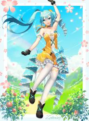 Rule 34 | 1girl, :d, arm strap, armpits, black footwear, black gloves, blue hair, blush, breasts, cleavage, floating hair, frilled gloves, frills, full body, gloves, hair between eyes, hatsune miku, highres, layered skirt, long hair, looking at viewer, medium breasts, miniskirt, open mouth, side ponytail, skirt, sleeveless, smile, solo, standing, strapless, thighhighs, very long hair, vocaloid, white thighhighs, yellow skirt, zakusey