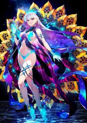 Rule 34 | 1girl, bare shoulders, blue fire, breasts, earrings, fate/grand order, fate (series), feet, fire, flower, full body, hair flower, hair ornament, hair ribbon, jewelry, kama (fate), kama (swimsuit avenger) (fate), large breasts, long hair, looking at viewer, lotus, nail polish, navel, no bra, no panties, official art, red eyes, redrop, revealing clothes, ribbon, silver hair, smile, solo, standing, star (symbol), star earrings, stomach, thighs, wheel