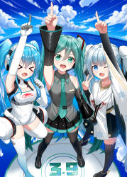 Rule 34 | &gt; &lt;, 39, 3girls, :d, ;d, absurdres, aqua hair, aqua necktie, arm up, armpits, black footwear, black hakama, black skirt, black sleeves, blue eyes, blue hair, blue sky, boots, breasts, closed eyes, cloud, collarbone, collared shirt, covered navel, day, detached sleeves, dress shirt, elbow gloves, gloves, green eyes, grey shirt, hakama, hatsune miku, headphones, headset, highres, holding, holding microphone, index finger raised, japanese clothes, jumpsuit, kimono, long hair, long sleeves, medium breasts, microphone, miniskirt, multiple girls, necktie, ocean, one eye closed, open mouth, outdoors, pleated skirt, racing miku, shirt, short jumpsuit, silver hair, skirt, sky, skym (kumei), sleeveless, sleeveless shirt, smile, snowflake print, standing, thigh boots, thighhighs, twintails, very long hair, vocaloid, white gloves, white jumpsuit, white kimono, white legwear, wide sleeves, wing collar, yuki miku, zettai ryouiki
