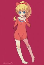 Rule 34 | 1girl, blonde hair, blue eyes, boots, chargeman ken!, dress, highres, izumi caron, jewelry, necklace, pearl necklace, ponytail, red background, red dress, simple background, smile, solo, sudakoyarou, tongue, tongue out, white footwear