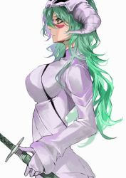 Rule 34 | 1girl, bleach, breasts, closed mouth, expressionless, facial hair, from side, gloves, green hair, hair between eyes, highres, holding, holding sword, holding weapon, large breasts, long hair, long sleeves, looking ahead, mask, mask on head, nelliel tu odelschwanck, shirt, simple background, skull mask, solo, standing, sword, ui 1231, upper body, weapon, white background, white gloves, white shirt, yellow eyes