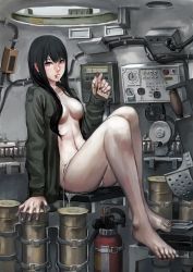 Rule 34 | 1girl, ammunition, arm support, bare legs, barefoot, black eyes, black hair, breasts, cable, cigarette, cleavage, feet, fire extinguisher, full body, highres, jacket, jittsu, knees up, long hair, long sleeves, looking at viewer, military, no bra, no pants, open clothes, open shirt, original, panties, radio, shell (projectile), shirt, side-tie panties, sitting, smoking, solo, underwear, untied panties, white panties