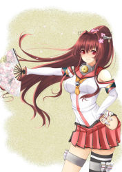 Rule 34 | 10s, 1girl, between fingers, blush, breasts, brown eyes, brown hair, cherry blossoms, flower, hair flower, hair ornament, holding, kantai collection, large breasts, lilu (rearea), long hair, looking at viewer, miniskirt, multiple girls, personification, ponytail, single thighhigh, skirt, solo, thighhighs, very long hair, yamato (kancolle)