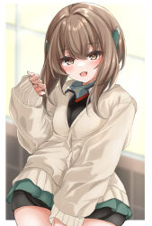 Rule 34 | 1girl, bike shorts, brown eyes, brown hair, cardigan, commentary request, cowboy shot, grey skirt, headgear, highres, kantai collection, kasashi (kasasi008), short hair, short hair with long locks, shorts, shorts under skirt, skirt, smile, solo, taihou (kancolle), white cardigan