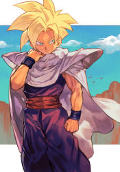 Rule 34 | armor, belt, blonde hair, blue sky, cape, cloud, dougi, dragon ball, dragonball z, forehead, green eyes, hungry clicker, karate gi, looking to the side, martial arts belt, mountain, muscular, muscular male, shoulder armor, sky, smirk, son gohan, spiked hair, super saiyan, wristband, aged down