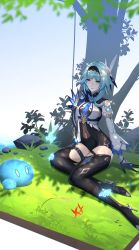 Rule 34 | 1girl, absurdres, between breasts, black gloves, black headband, black leotard, blue hair, blue neckwear, blurry, blurry foreground, boots, branch, breasts, bug, butterfly, chinese commentary, closed mouth, cross-laced clothes, eula (genshin impact), full body, gem, genshin impact, gloves, glowing, glowing butterfly, grass, hair ornament, headband, high heels, highres, insect, izaac, juliet sleeves, leotard, light blue hair, long sleeves, puffy sleeves, rock, short hair, sidelocks, sitting, slime (genshin impact), smile, solo, thigh boots, thigh strap, thighhighs, thighs, tree, vision (genshin impact), white background, yellow eyes