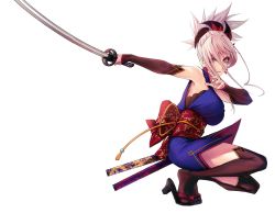 Rule 34 | 1girl, applekun, back bow, bare shoulders, black footwear, blue eyes, bow, breasts, brown thighhighs, closed mouth, detached sleeves, earrings, fate/grand order, fate (series), from side, full body, geta, highres, holding, holding sword, holding weapon, japanese clothes, jewelry, katana, kimono, large breasts, long sleeves, looking at viewer, looking to the side, miyamoto musashi (fate), miyamoto musashi (first ascension) (fate), obi, orange ribbon, outstretched arm, purple kimono, red bow, ribbon, sash, serious, short hair with long locks, short ponytail, sidelocks, squatting, sword, tassel, thighhighs, v-shaped eyebrows, weapon