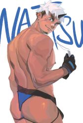 Rule 34 | 1boy, akiha gongen (housamo), ass, back, bandaid, bandaid on face, bandaid on nose, bara, black gloves, blue male underwear, dark-skinned male, dark skin, dichuan (arriverw), dog tags, edging underwear, facial hair, feet out of frame, from behind, gloves, goatee, highres, horns, jockstrap, long sideburns, looking at viewer, male focus, male underwear, multicolored hair, muscular, muscular male, pectorals, scar, scar across eye, scar on face, short hair, sideburns, sidepec, single horn, smile, solo, thick eyebrows, tokyo houkago summoners, two-tone hair, underwear, underwear only, white hair