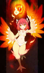 Rule 34 | 1girl, :d, blush, harpy, horns, kito (sorahate), monster girl, navel, open mouth, red hair, slit pupils, smile, solo, talons, winged arms, wings, yellow eyes