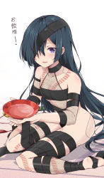 Rule 34 | 1girl, alcohol, bare shoulders, black hair, black ribbon, blush, breasts, collarbone, cup, eyepatch, fate/grand order, fate (series), fishnets, flat chest, hair over one eye, highres, legs, long hair, looking at viewer, mochizuki chiyome (fate), open mouth, purple eyes, ribbon, sakazuki, sake, simple background, sitting, small breasts, smile, snake tattoo, solo, tattoo, translation request, unlock-creed, very long hair, wariza, white background