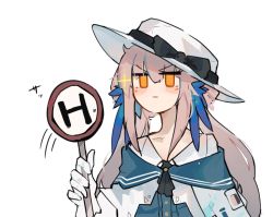 Rule 34 | 1girl, arknights, black bow, blue feathers, bow, ceylon (arknights), commentary request, dress, feather hair, feathers, gloves, grey hair, hair between eyes, hat, hat bow, jitome, long hair, mikozin, orange eyes, partial commentary, simple background, solo, upper body, v-shaped eyebrows, white background, white gloves, white hat