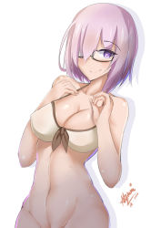 Rule 34 | 1girl, 2016, alternate costume, bikini, blush, bottomless, breasts, cleavage, dated, fate/grand order, fate (series), front-tie bikini top, front-tie top, glasses, groin, highres, mash kyrielight, medium breasts, myumi, navel, no panties, out-of-frame censoring, purple eyes, purple hair, simple background, smile, solo, swimsuit, white background, white theme