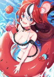 Rule 34 | 1girl, absurdres, animal ears, artist name, bikini, black choker, blue eyes, bow, bow earrings, breasts, cafelittle, choker, cleavage, cup, drinking glass, earrings, frilled bikini, frills, from above, hakos baelz, highres, hololive, hololive english, jewelry, large breasts, long hair, mouse ears, mr. squeaks (hakos baelz), multicolored hair, red hair, red innertube, smile, streaked hair, swimsuit, virtual youtuber, water, white bikini