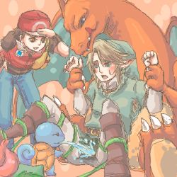 Rule 34 | 2boys, baseball cap, blonde hair, blue eyes, boots, charizard, creatures (company), crossover, earrings, game freak, gen 1 pokemon, green shirt, hat, holding another&#039;s wrist, holding legs, ivysaur, jewelry, link, lowres, male focus, multiple boys, nintendo, oekaki, pointy ears, pokemon, pokemon (creature), red theme, shirt, squirtle, tentacles, tentacles on male, the legend of zelda, water, yaoi