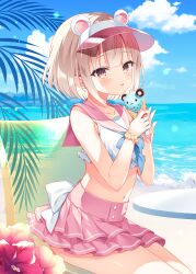 Rule 34 | 1girl, animal ears, bare arms, bare shoulders, beach, beach chair, blonde hair, brown eyes, commentary request, crop top, day, fake animal ears, food, frilled shirt, frills, highres, holding, ice cream, layered skirt, looking at viewer, midriff, miniskirt, nanohana kohina, navel, neckerchief, original, outdoors, parted lips, pink skirt, sailor collar, shirt, short hair, sitting, skirt, sleeveless, sleeveless shirt, solo, stomach, visor cap, white shirt